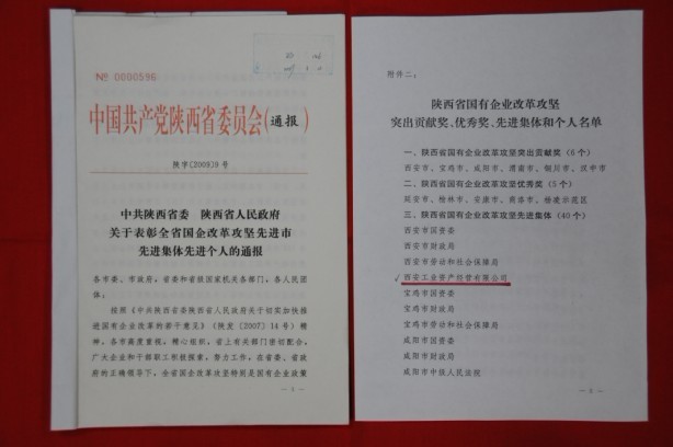 2009年2月，被陕西省委、省政府授予陕西省国有企业改革攻坚先进集体